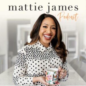 Mattie James from the Mattie James Podcast holding a mug