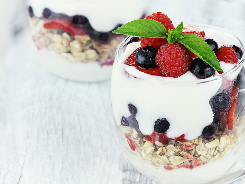 Fruit parfait recipe with blueberries and raspberries.